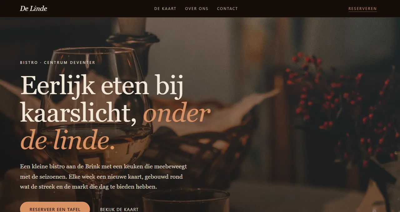 Screenshot van de Bistro De Linde-voorbeeldsite