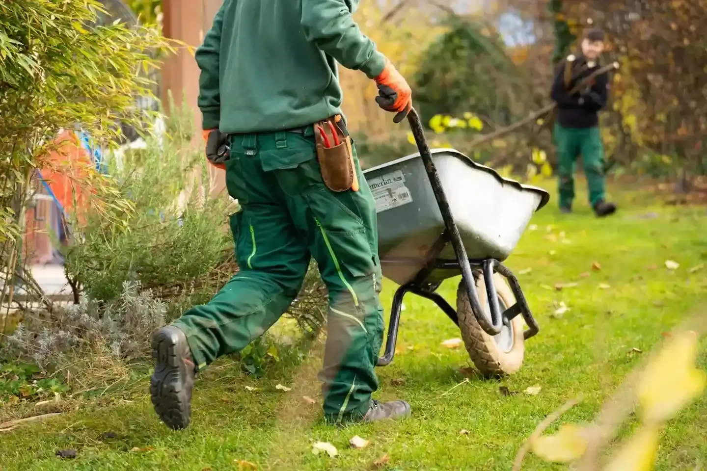 Volgroeide achtertuin met strak gemaaid gazon en volle borders