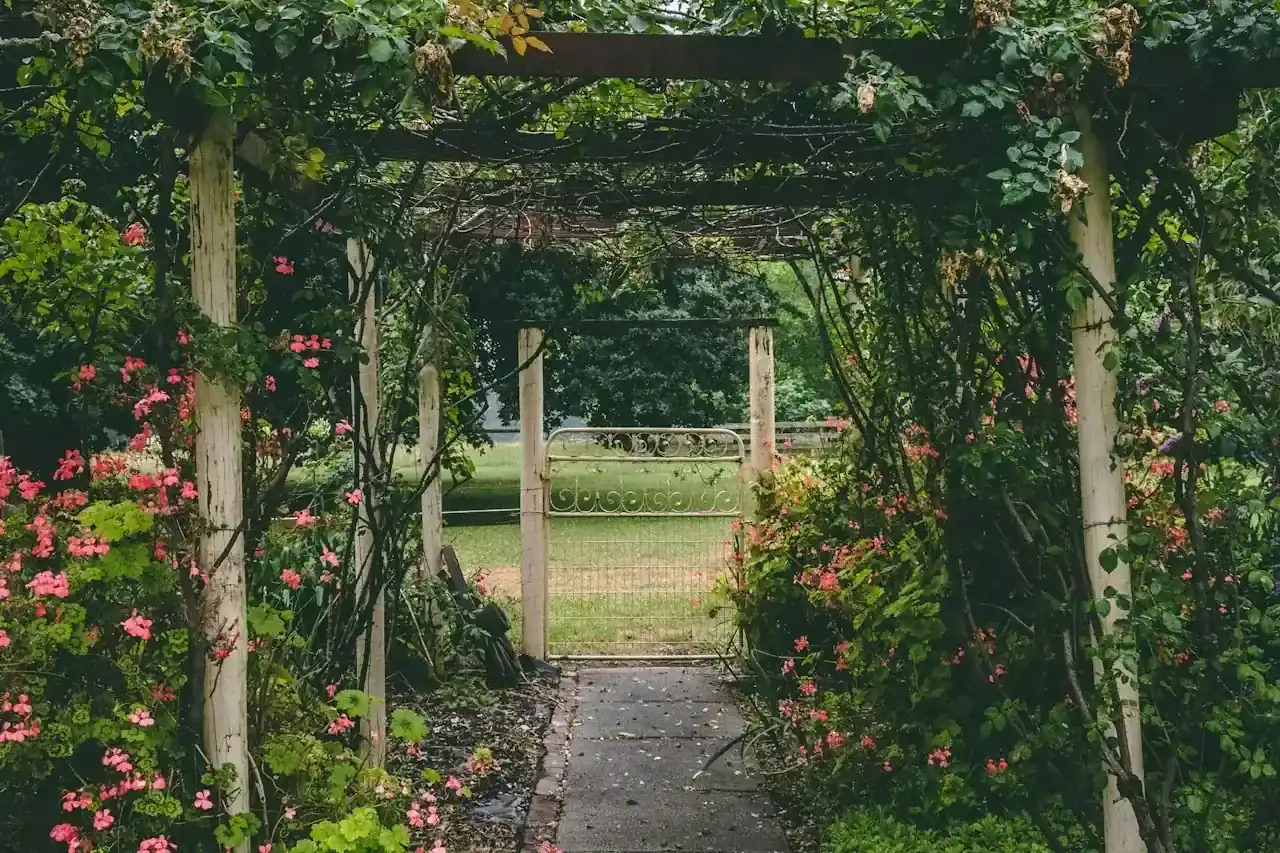 Tuinpad voor de renovatie met verouderde bestrating